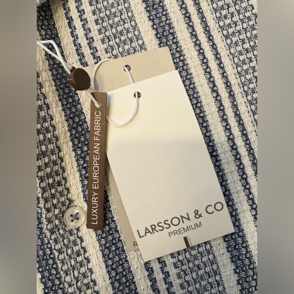 Larsson & Co. Resort Collar Stripe Polo Button-Down Shirt Navy Cream Size Small - Picture 9 of 13